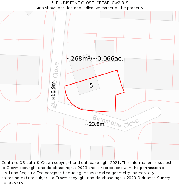 5, BLUNSTONE CLOSE, CREWE, CW2 8LS: Plot and title map