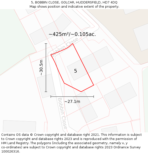 5, BOBBIN CLOSE, GOLCAR, HUDDERSFIELD, HD7 4DQ: Plot and title map