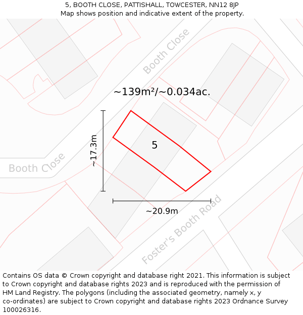 5, BOOTH CLOSE, PATTISHALL, TOWCESTER, NN12 8JP: Plot and title map