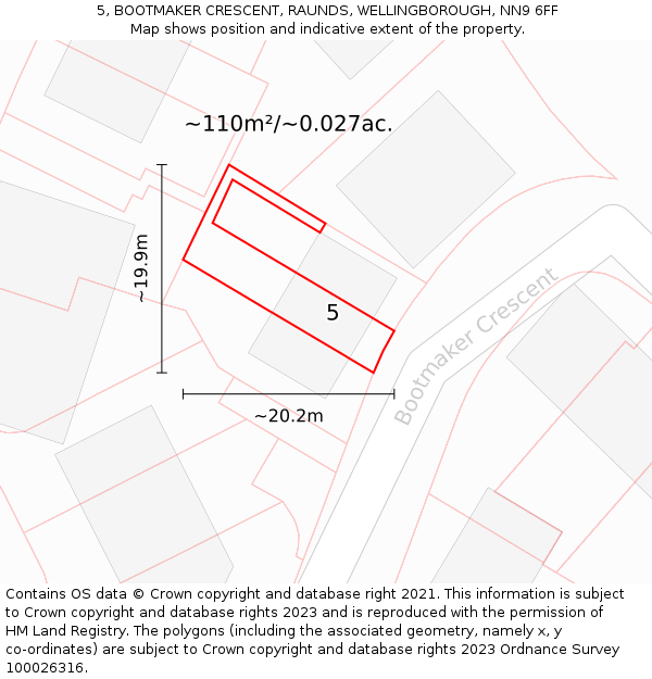 5, BOOTMAKER CRESCENT, RAUNDS, WELLINGBOROUGH, NN9 6FF: Plot and title map