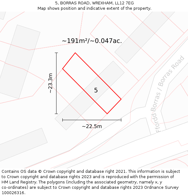 5, BORRAS ROAD, WREXHAM, LL12 7EG: Plot and title map