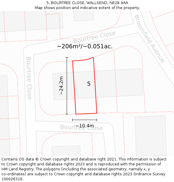 5, BOURTREE CLOSE, WALLSEND, NE28 9AA: Plot and title map