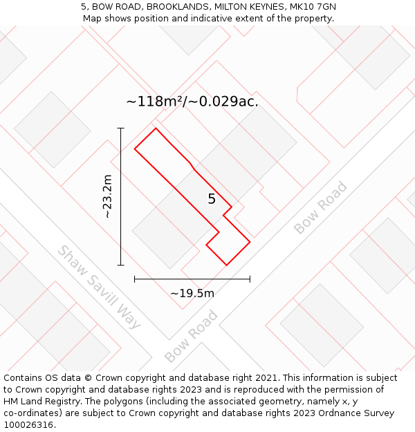 5, BOW ROAD, BROOKLANDS, MILTON KEYNES, MK10 7GN: Plot and title map