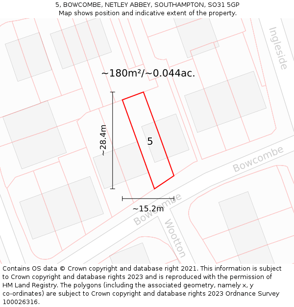 5, BOWCOMBE, NETLEY ABBEY, SOUTHAMPTON, SO31 5GP: Plot and title map