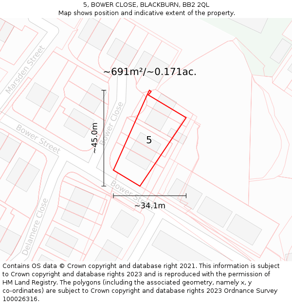 5, BOWER CLOSE, BLACKBURN, BB2 2QL: Plot and title map