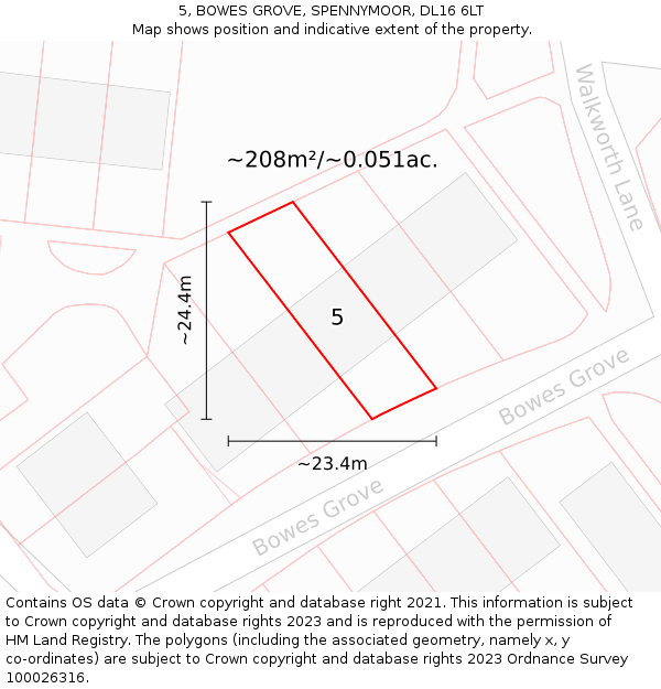 5, BOWES GROVE, SPENNYMOOR, DL16 6LT: Plot and title map