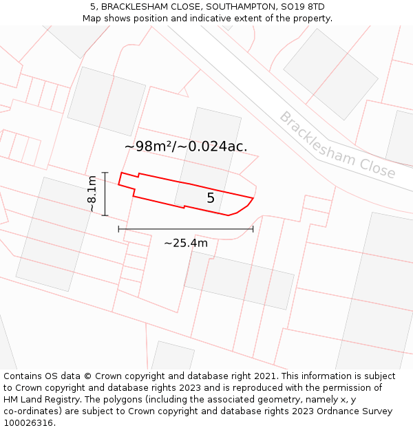 5, BRACKLESHAM CLOSE, SOUTHAMPTON, SO19 8TD: Plot and title map