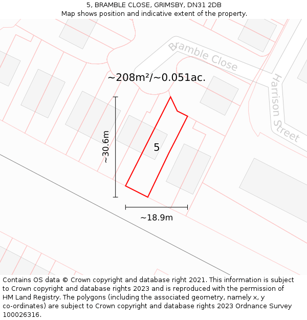 5, BRAMBLE CLOSE, GRIMSBY, DN31 2DB: Plot and title map
