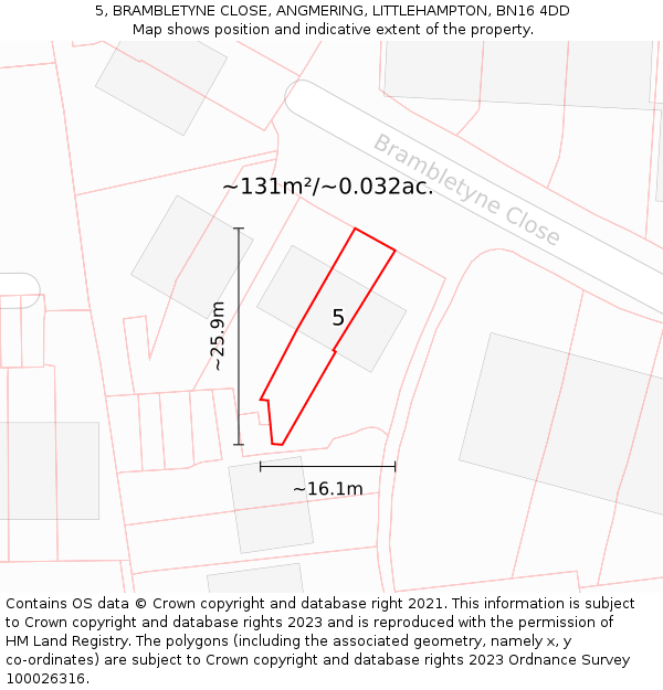 5, BRAMBLETYNE CLOSE, ANGMERING, LITTLEHAMPTON, BN16 4DD: Plot and title map