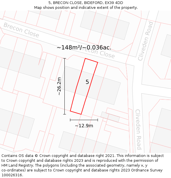 5, BRECON CLOSE, BIDEFORD, EX39 4DD: Plot and title map