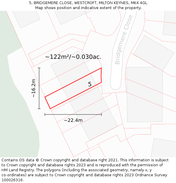 5, BRIDGEMERE CLOSE, WESTCROFT, MILTON KEYNES, MK4 4GL: Plot and title map