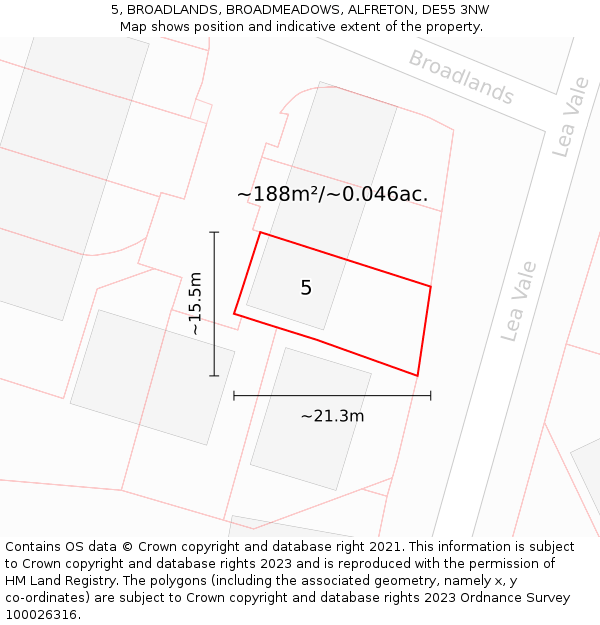 5, BROADLANDS, BROADMEADOWS, ALFRETON, DE55 3NW: Plot and title map