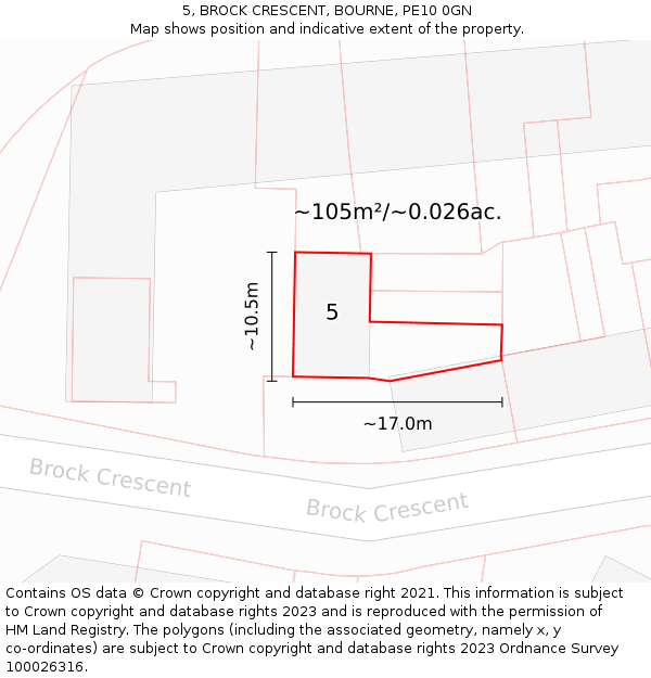 5, BROCK CRESCENT, BOURNE, PE10 0GN: Plot and title map