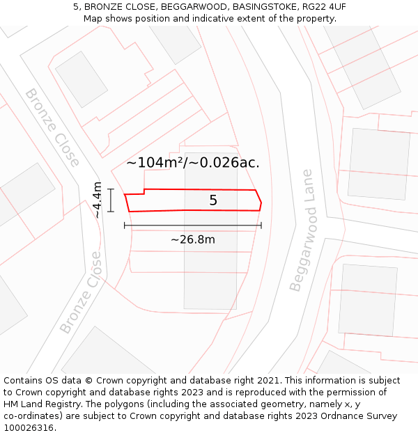 5, BRONZE CLOSE, BEGGARWOOD, BASINGSTOKE, RG22 4UF: Plot and title map