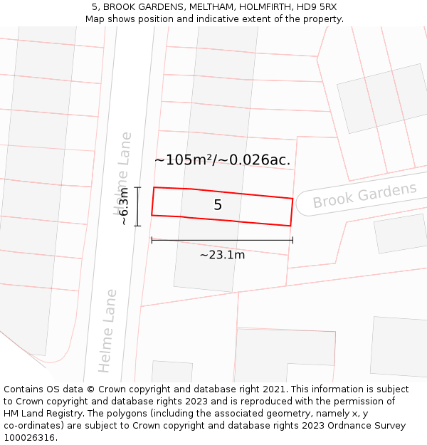 5, BROOK GARDENS, MELTHAM, HOLMFIRTH, HD9 5RX: Plot and title map