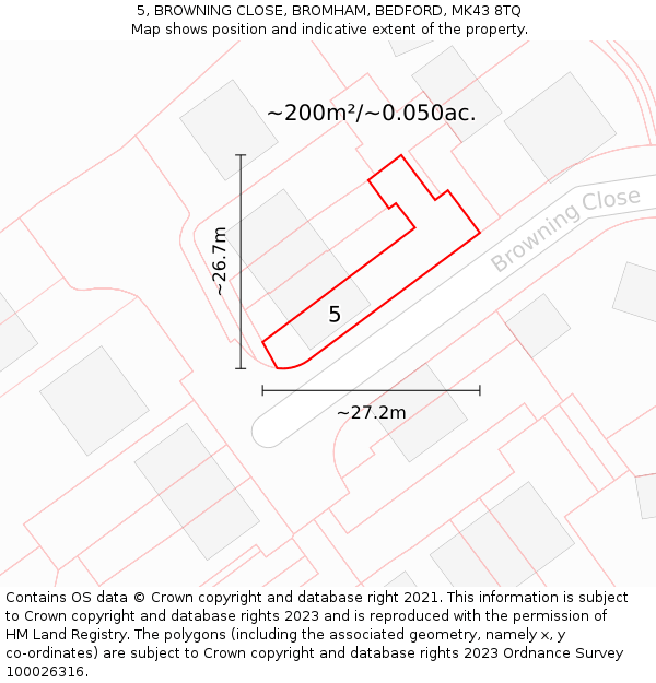 5, BROWNING CLOSE, BROMHAM, BEDFORD, MK43 8TQ: Plot and title map