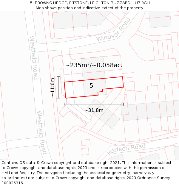 5, BROWNS HEDGE, PITSTONE, LEIGHTON BUZZARD, LU7 9GH: Plot and title map