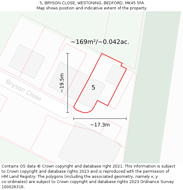 5, BRYSON CLOSE, WESTONING, BEDFORD, MK45 5FA: Plot and title map