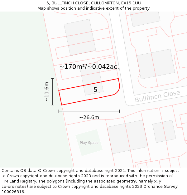 5, BULLFINCH CLOSE, CULLOMPTON, EX15 1UU: Plot and title map