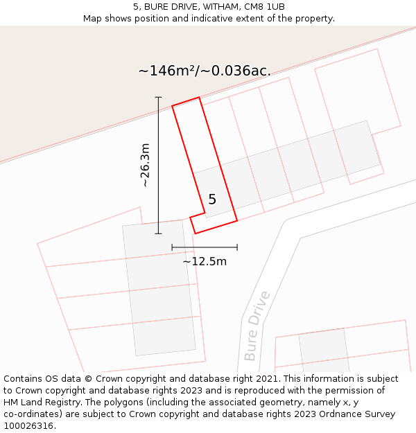 5, BURE DRIVE, WITHAM, CM8 1UB: Plot and title map