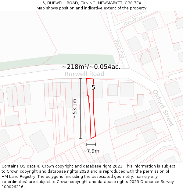 5, BURWELL ROAD, EXNING, NEWMARKET, CB8 7EX: Plot and title map