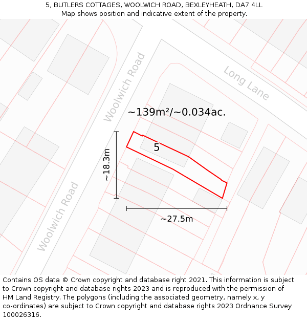 5, BUTLERS COTTAGES, WOOLWICH ROAD, BEXLEYHEATH, DA7 4LL: Plot and title map