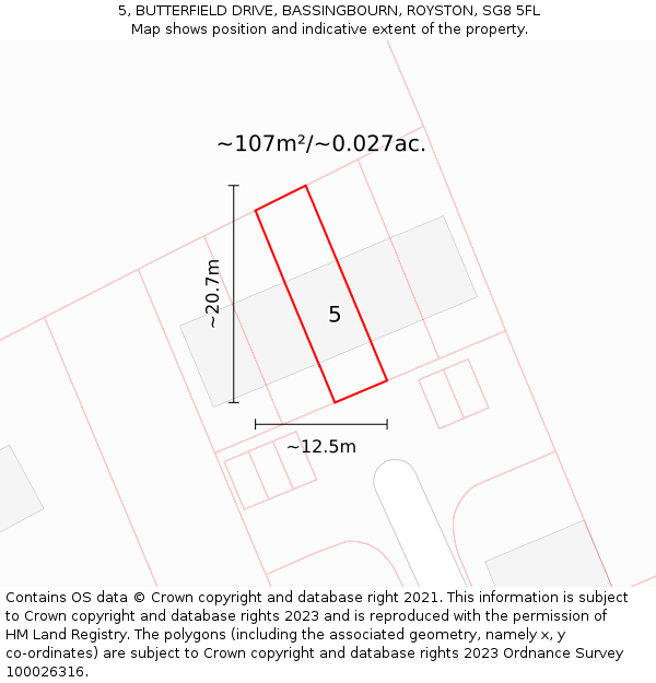 5, BUTTERFIELD DRIVE, BASSINGBOURN, ROYSTON, SG8 5FL: Plot and title map