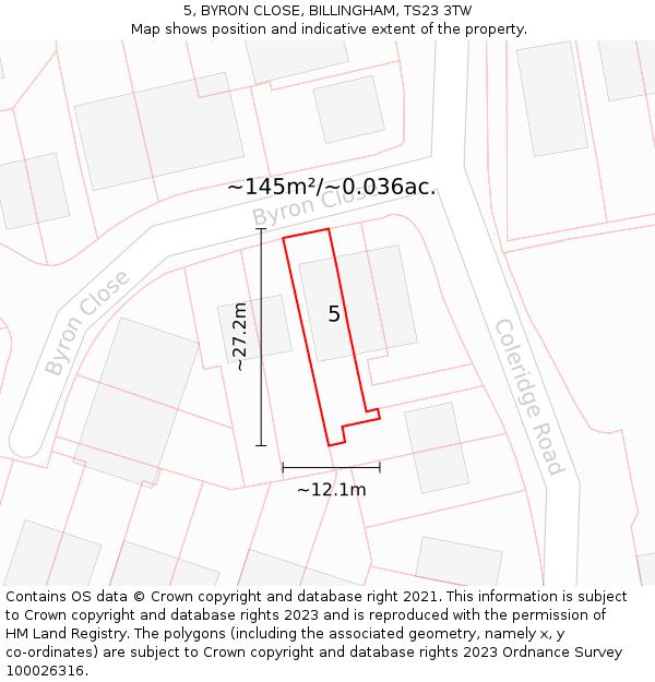 5, BYRON CLOSE, BILLINGHAM, TS23 3TW: Plot and title map