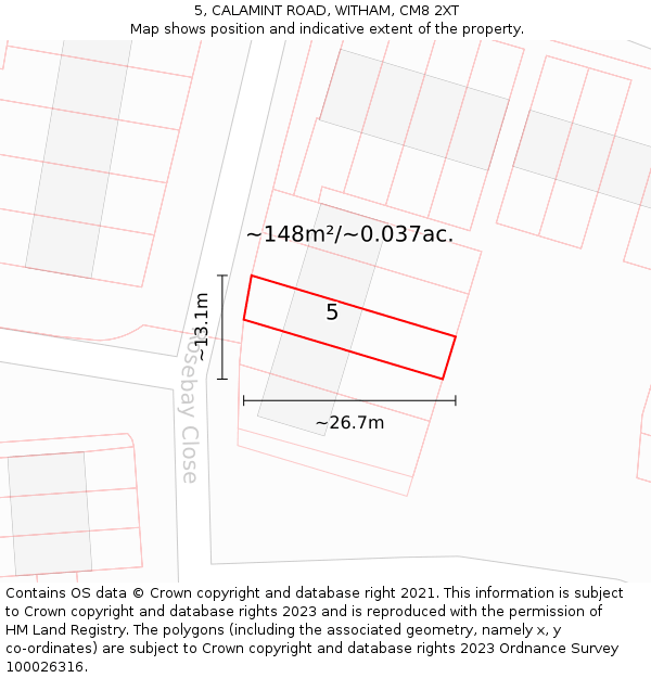 5, CALAMINT ROAD, WITHAM, CM8 2XT: Plot and title map