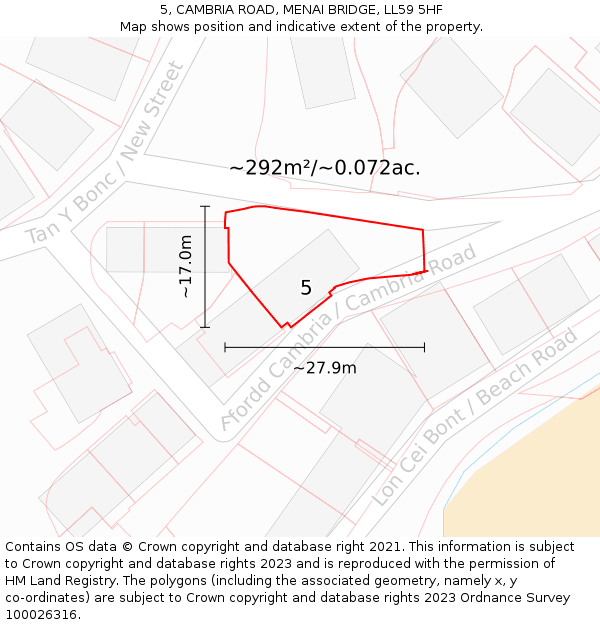 5, CAMBRIA ROAD, MENAI BRIDGE, LL59 5HF: Plot and title map