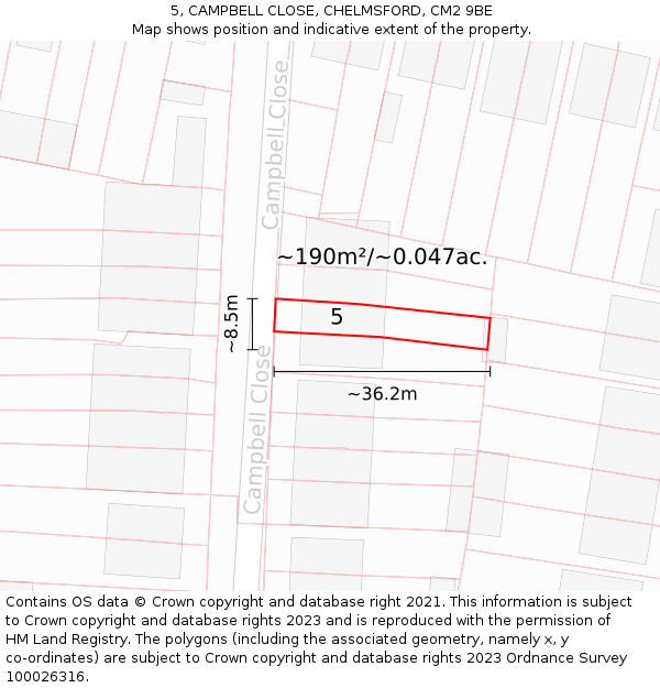 5, CAMPBELL CLOSE, CHELMSFORD, CM2 9BE: Plot and title map