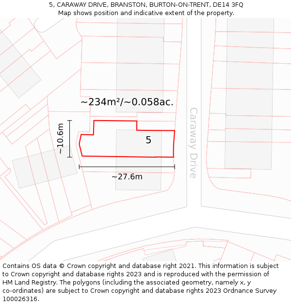 5, CARAWAY DRIVE, BRANSTON, BURTON-ON-TRENT, DE14 3FQ: Plot and title map