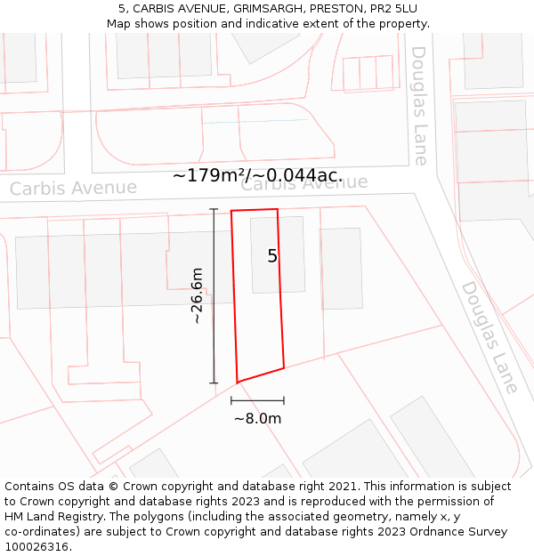 5, CARBIS AVENUE, GRIMSARGH, PRESTON, PR2 5LU: Plot and title map