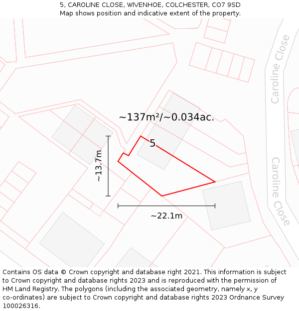 5, CAROLINE CLOSE, WIVENHOE, COLCHESTER, CO7 9SD: Plot and title map