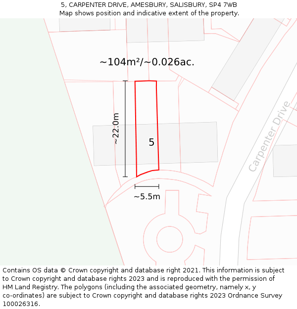 5, CARPENTER DRIVE, AMESBURY, SALISBURY, SP4 7WB: Plot and title map