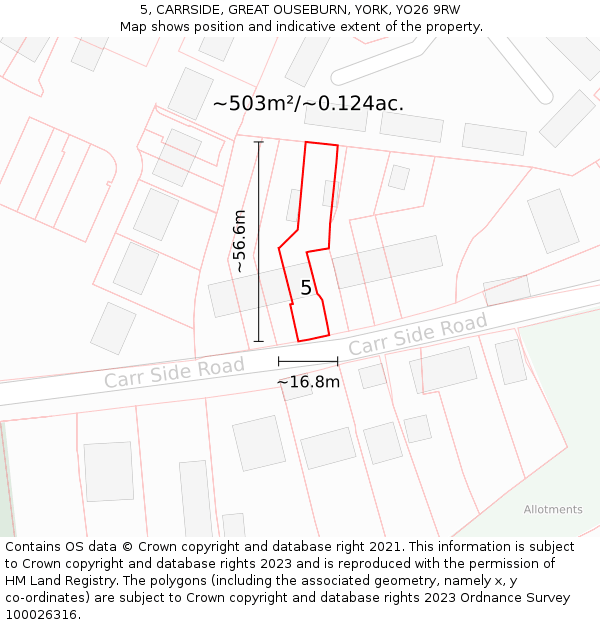 5, CARRSIDE, GREAT OUSEBURN, YORK, YO26 9RW: Plot and title map