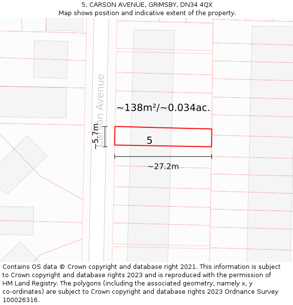 5, CARSON AVENUE, GRIMSBY, DN34 4QX: Plot and title map