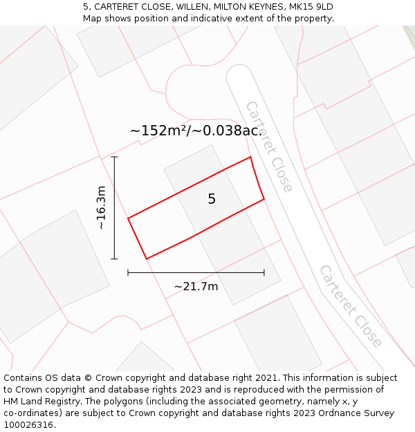 5, CARTERET CLOSE, WILLEN, MILTON KEYNES, MK15 9LD: Plot and title map