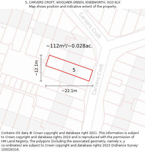 5, CARVERS CROFT, WOOLMER GREEN, KNEBWORTH, SG3 6LX: Plot and title map