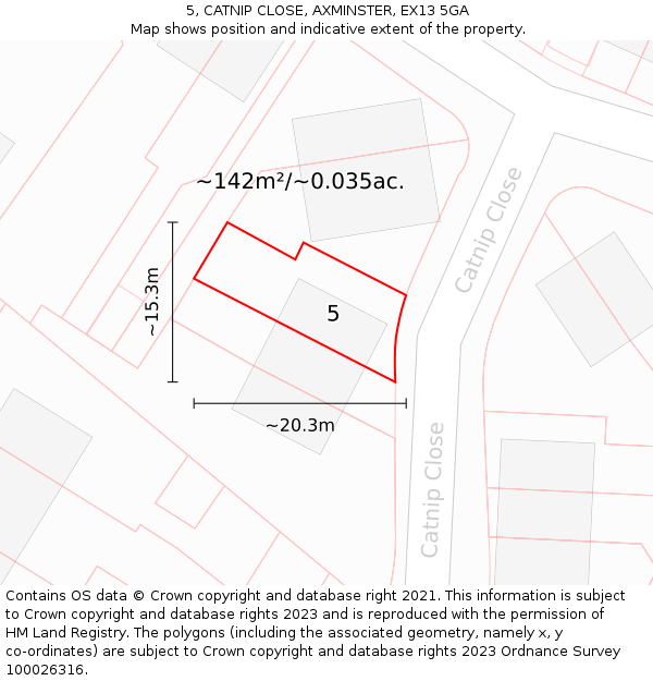 5, CATNIP CLOSE, AXMINSTER, EX13 5GA: Plot and title map