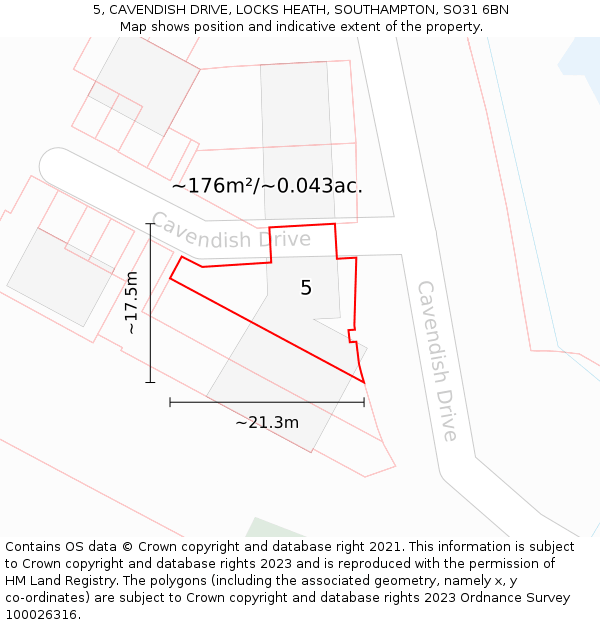 5, CAVENDISH DRIVE, LOCKS HEATH, SOUTHAMPTON, SO31 6BN: Plot and title map