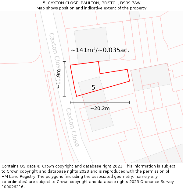 5, CAXTON CLOSE, PAULTON, BRISTOL, BS39 7AW: Plot and title map