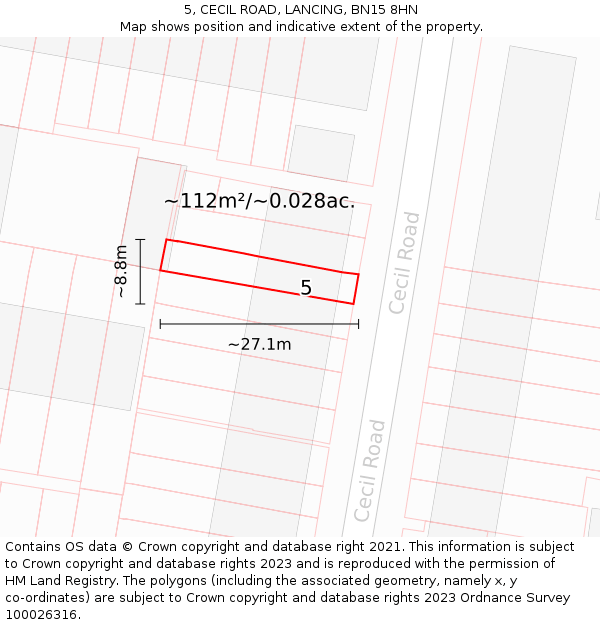 5, CECIL ROAD, LANCING, BN15 8HN: Plot and title map