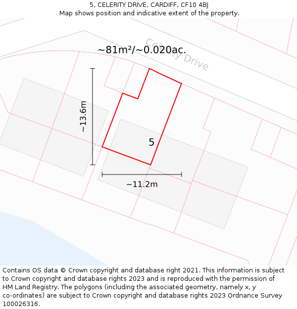 5, CELERITY DRIVE, CARDIFF, CF10 4BJ: Plot and title map