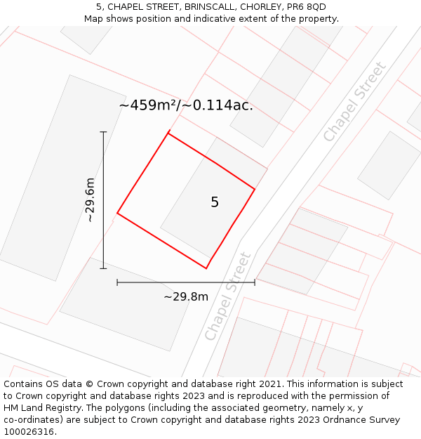 5, CHAPEL STREET, BRINSCALL, CHORLEY, PR6 8QD: Plot and title map