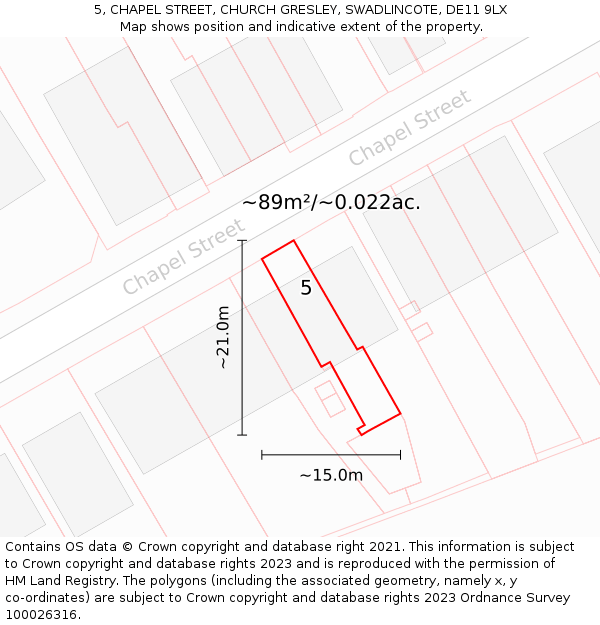5, CHAPEL STREET, CHURCH GRESLEY, SWADLINCOTE, DE11 9LX: Plot and title map