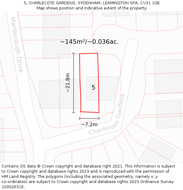 5, CHARLECOTE GARDENS, SYDENHAM, LEAMINGTON SPA, CV31 1GE: Plot and title map