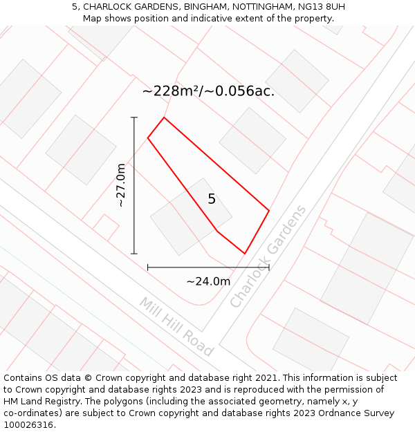 5, CHARLOCK GARDENS, BINGHAM, NOTTINGHAM, NG13 8UH: Plot and title map