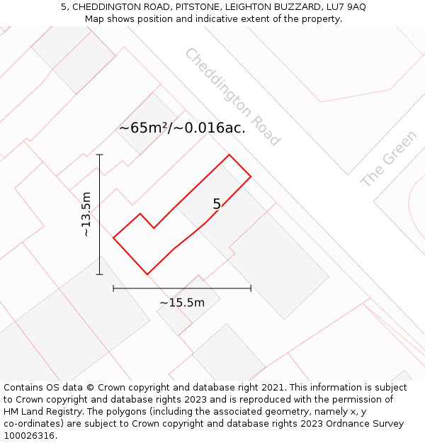 5, CHEDDINGTON ROAD, PITSTONE, LEIGHTON BUZZARD, LU7 9AQ: Plot and title map