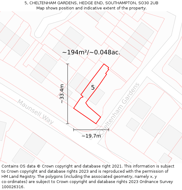 5, CHELTENHAM GARDENS, HEDGE END, SOUTHAMPTON, SO30 2UB: Plot and title map